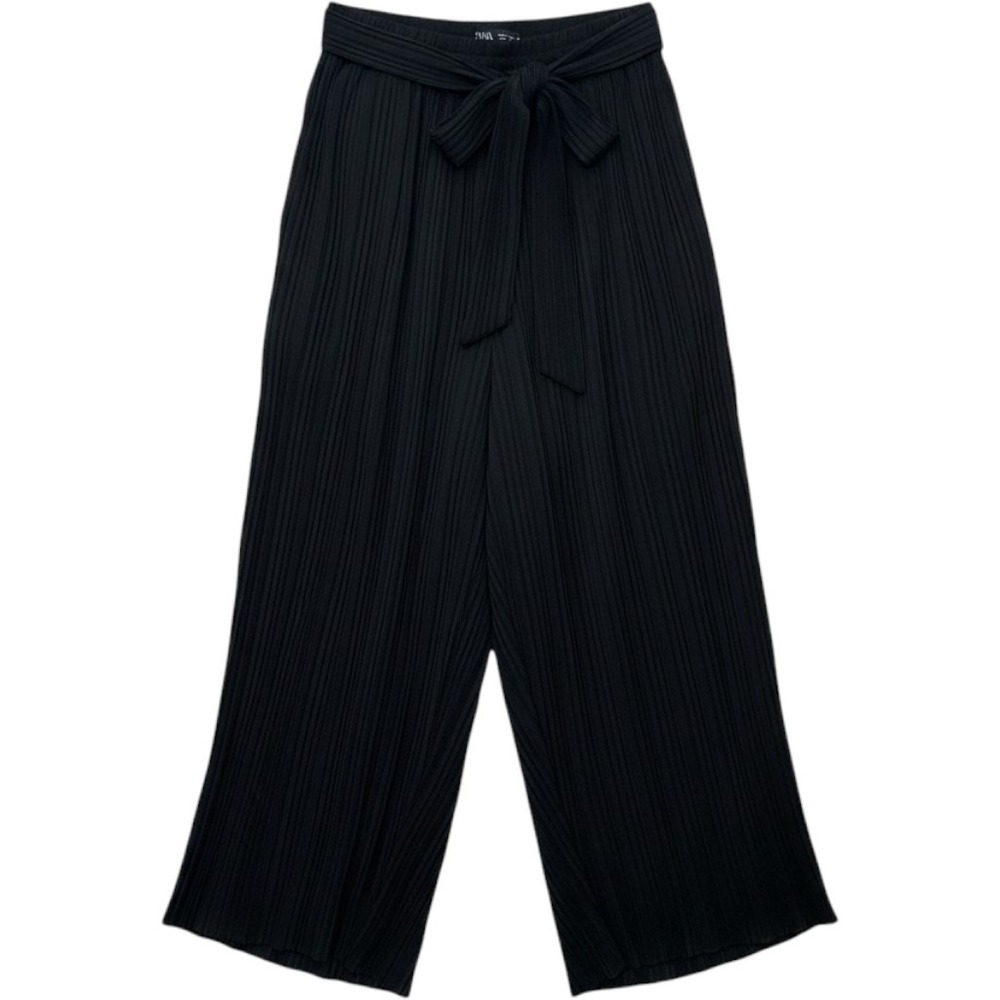 Zara Black Pleated Wide Leg Culottes Pants with Tie Waist Size L